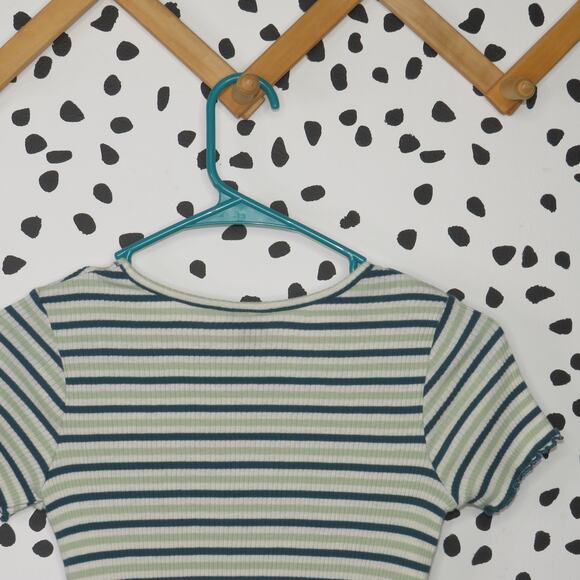Art Class Green Striped Lettuce Hem Ribbed Girls Short Sleeve Shirt - Picture 4 of 6